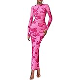 PRETTYGARDEN Womens Long Sleeve Maxi Dresses 2026 Spring Ruched Bodycon Floral Mesh Formal Wedding Guest Cocktail Party Dress