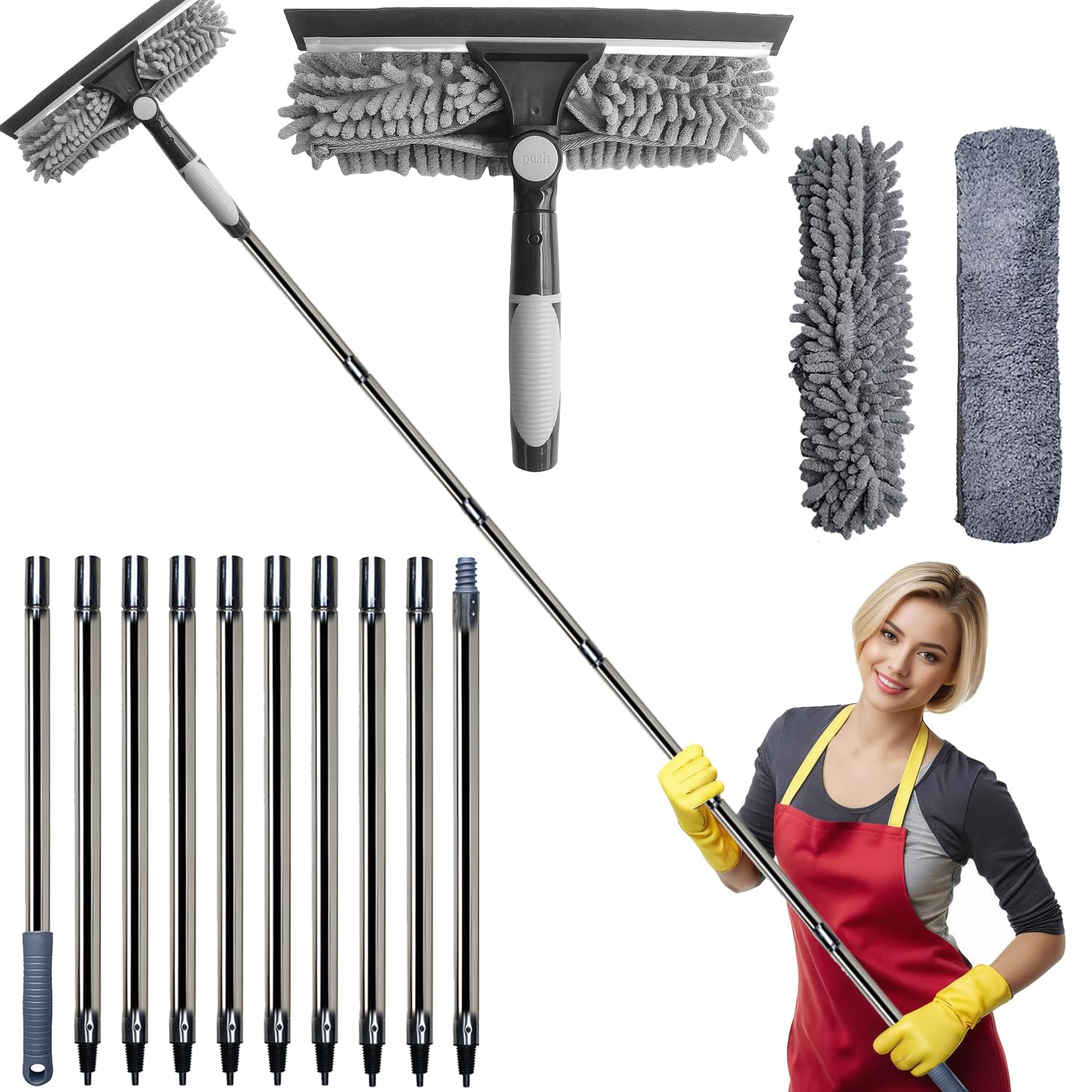 Photo 1 of 20+ Feet Reach 2 in 1 Window Washing Squeegee & Duster with 3-13 ft Splicable Extension Pole // Window Cleaning Tool & Window Washer Squeegee for Home Indoor Outdoor Window Washing (Grey)