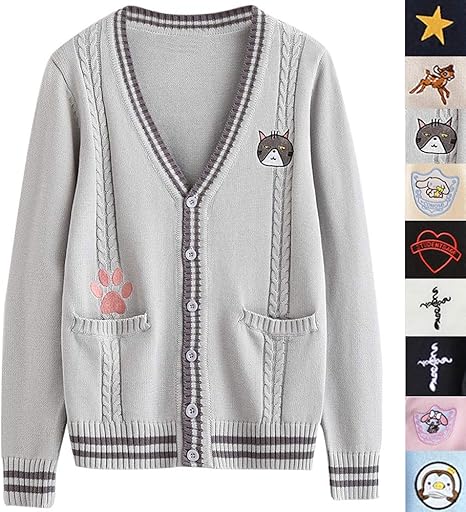 Amazon Co Jp Shalypoly Cardigan V Neck Student Cute One Point Lined Uniform School Cardigan Cotton Knit 100 Cotton Top Work Sweater Loose Cosplay Costume Unisex S Xl Gray Cat Xl Hobby