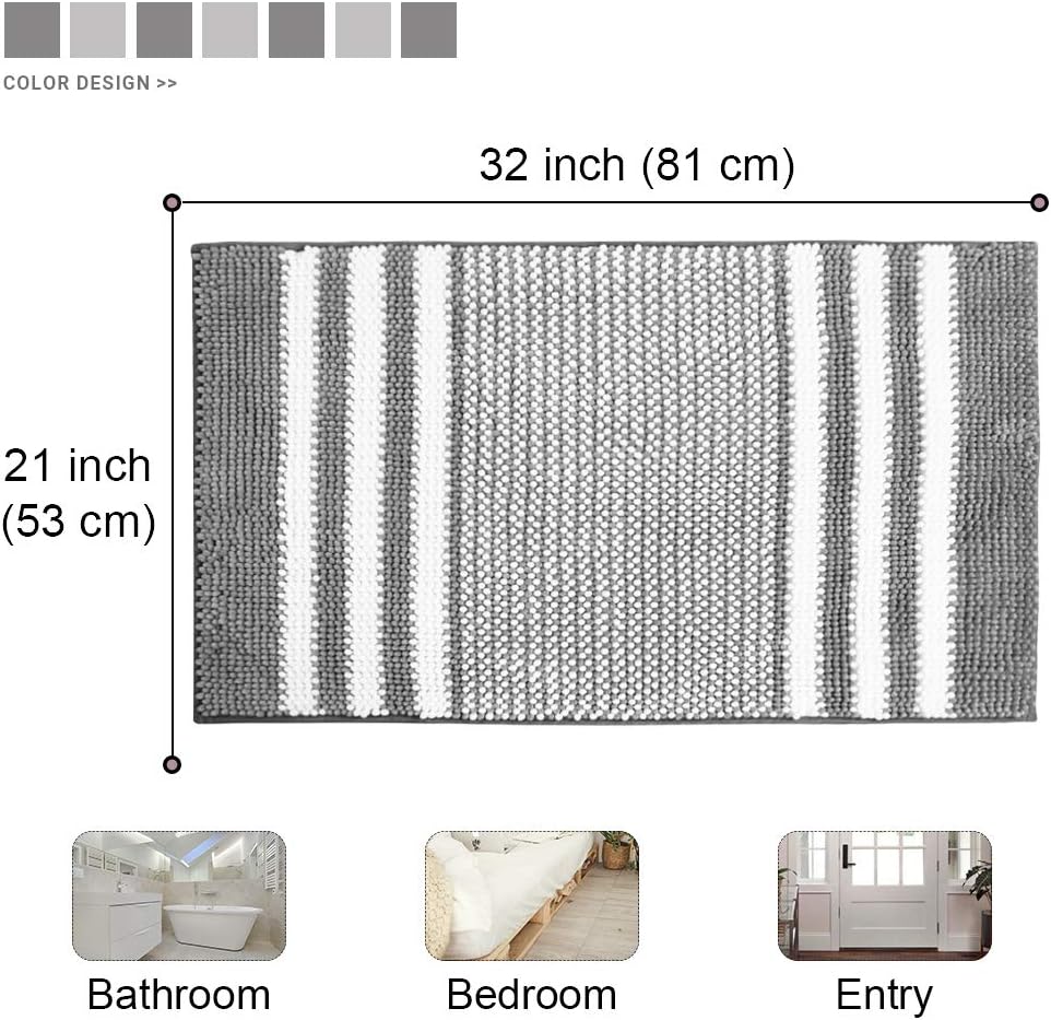 Bsicpro Chenille Bath Rug for Bathroom Shaggy Mat Shower Mats 32 x 21inch Super Non Slip Water Absorbent Carpet Stripe Pattern Plush Rugs for Tub, Shower, Bath Room (Grey): Kitchen & Dining