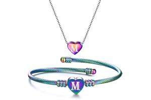 MYNENEY NIBASTAR Heart Name Necklace and Bracelet for Women Stainless Steel A-Z letters Initial Statement Jewelry Set for Mother's Day