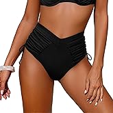 Leoparts Women‘s V Cut Bikini Bottoms Ruched Tummy Control Swim Suit Brief Full Coverage Drawstring Bathing Suit Bottom