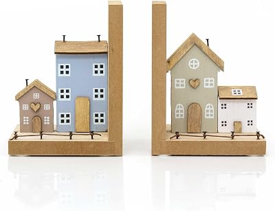 Carousel Home Wooden House Bookends Pair Shabby Chic Townhouse 13x10.5x9cm