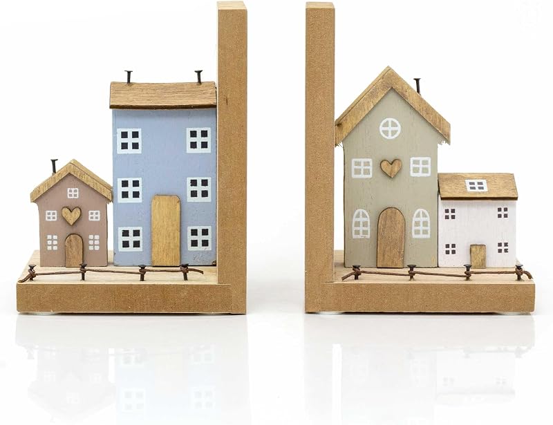 Carousel Home Wooden House Bookends Pair Shabby Chic Townhouse 13x10.5x9cm