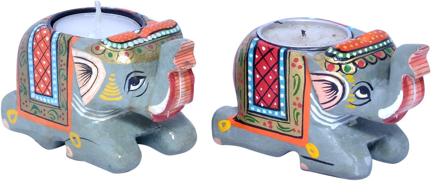 Indian Handmade Wooden Painted Sitting Elephant T-Light Candle Holder Set of 2 Home Decor