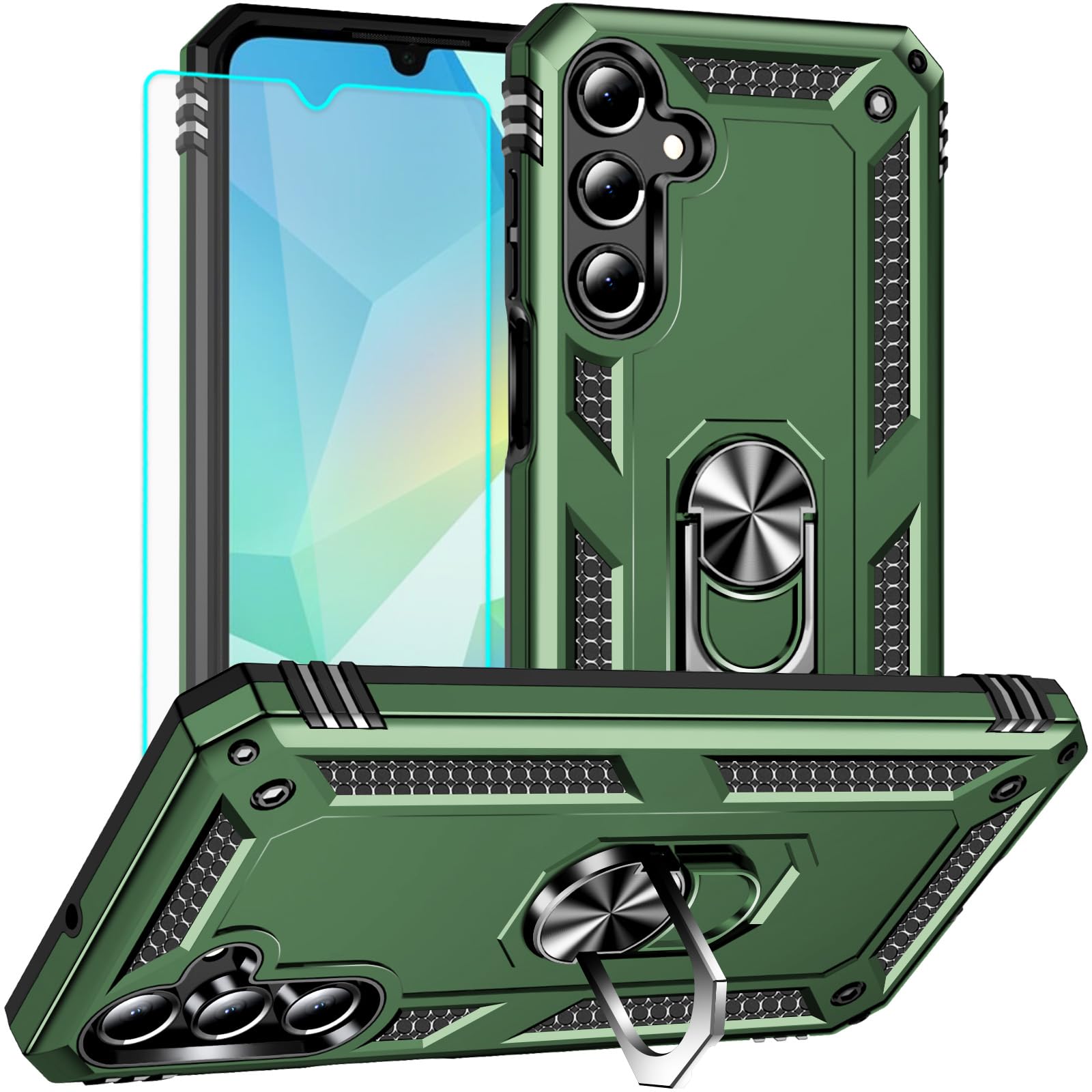 for Samsung Galaxy A16 5G Case: with Screen Protector - Military Grade Protective Cases with Finger Ring Holder Kickstand for Samsung A16 5G(Army Green)