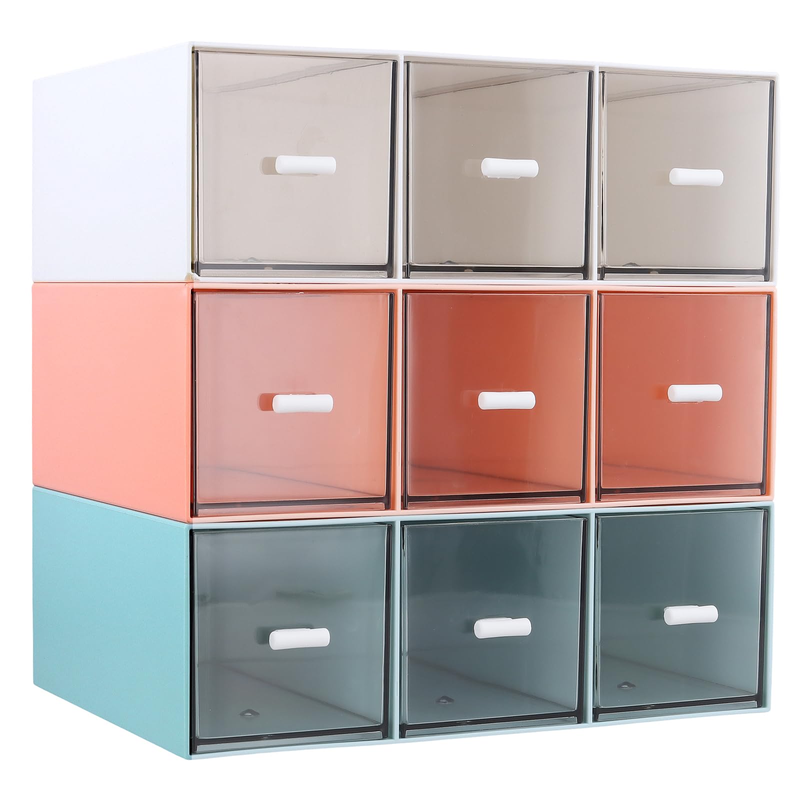 DAKFOOK 3 Pcs Tea Bag Storage with 3 Draws,16.6 x 7.7 x 22.9cm Tea Boxes Organizer, Tea Storage Drawers Containers for Bags Sugar Coffee Pods, Blue, Pink, White