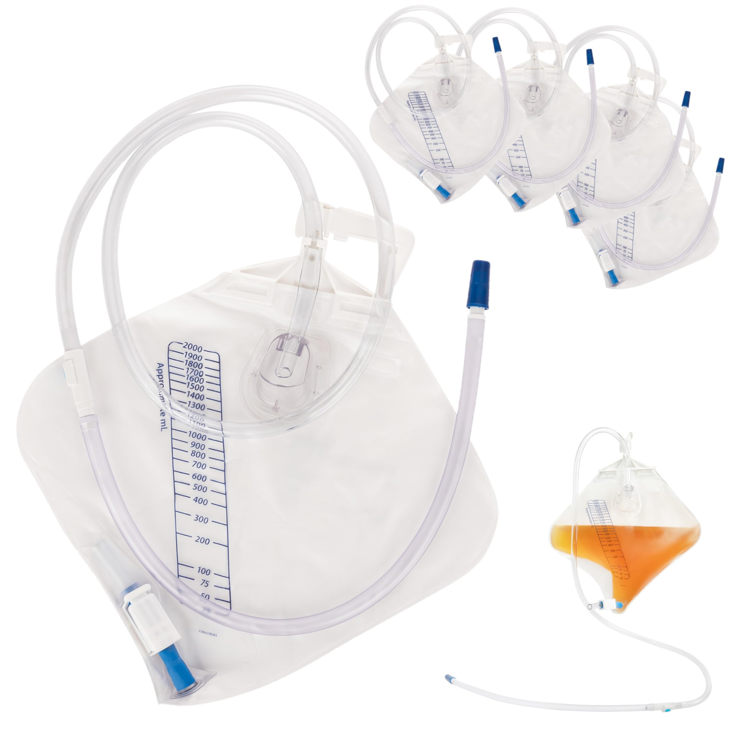 RUSCH Urine Drainage Bag with 18” Extended Tube (5 Pack) - Urine Bag with Anti-Reflux Chamber with Splash-Resistant Drain Spout - 2000 mL Vinyl Urine Bags for Men - 40