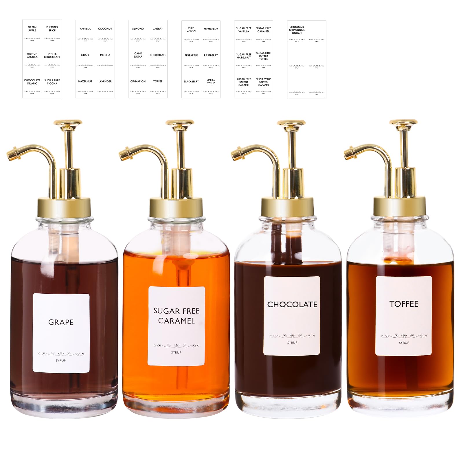 Photo 1 of STARSIDE Coffee Bar Accessories 4 Pack - 16.9 oz/500 ml Glass Syrup Dispenser with Leakproof Gold Curved Pumps for Home Coffee, Cafes, Cocktails - Includes 31 Printed Labels, 5 Blank Labels
