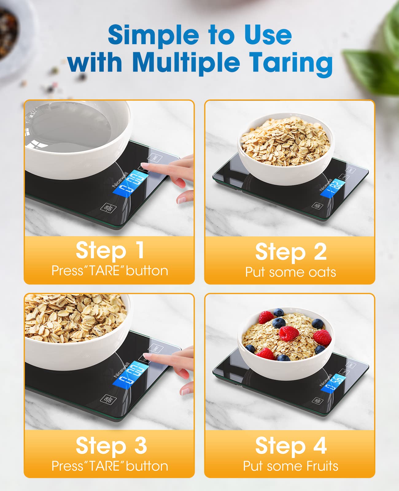 Nicewell Food Scale Digital Weight Grams and oz, 22lb Kitchen Scale for Cooking Baking, 1g/0.1oz Precise Graduation, Sleek Tempered Glass Platform (Black)