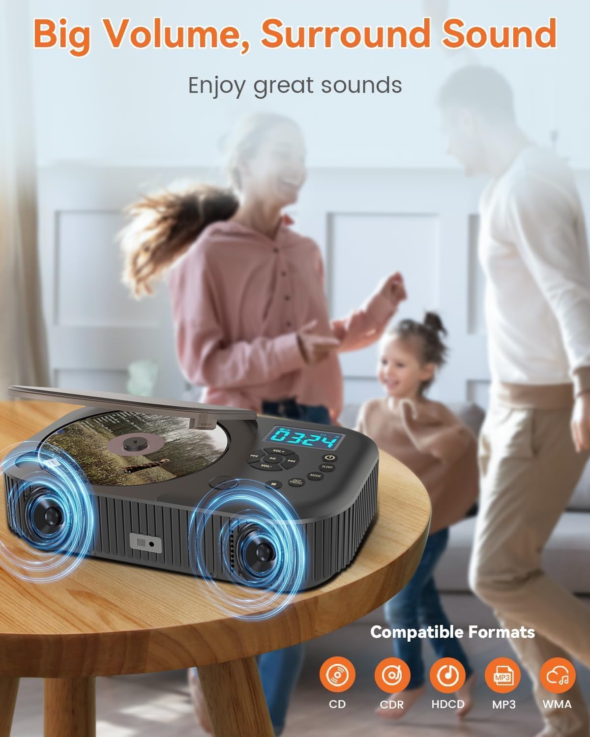 CD Player Portable,MONODEAL Dual Stereo Speakers Portable CD Player with Bluetooth Speakers, 4000mAh Rechargeable Player for Car/Home with Remote Control, Support USB/AUX,Headphone Jack