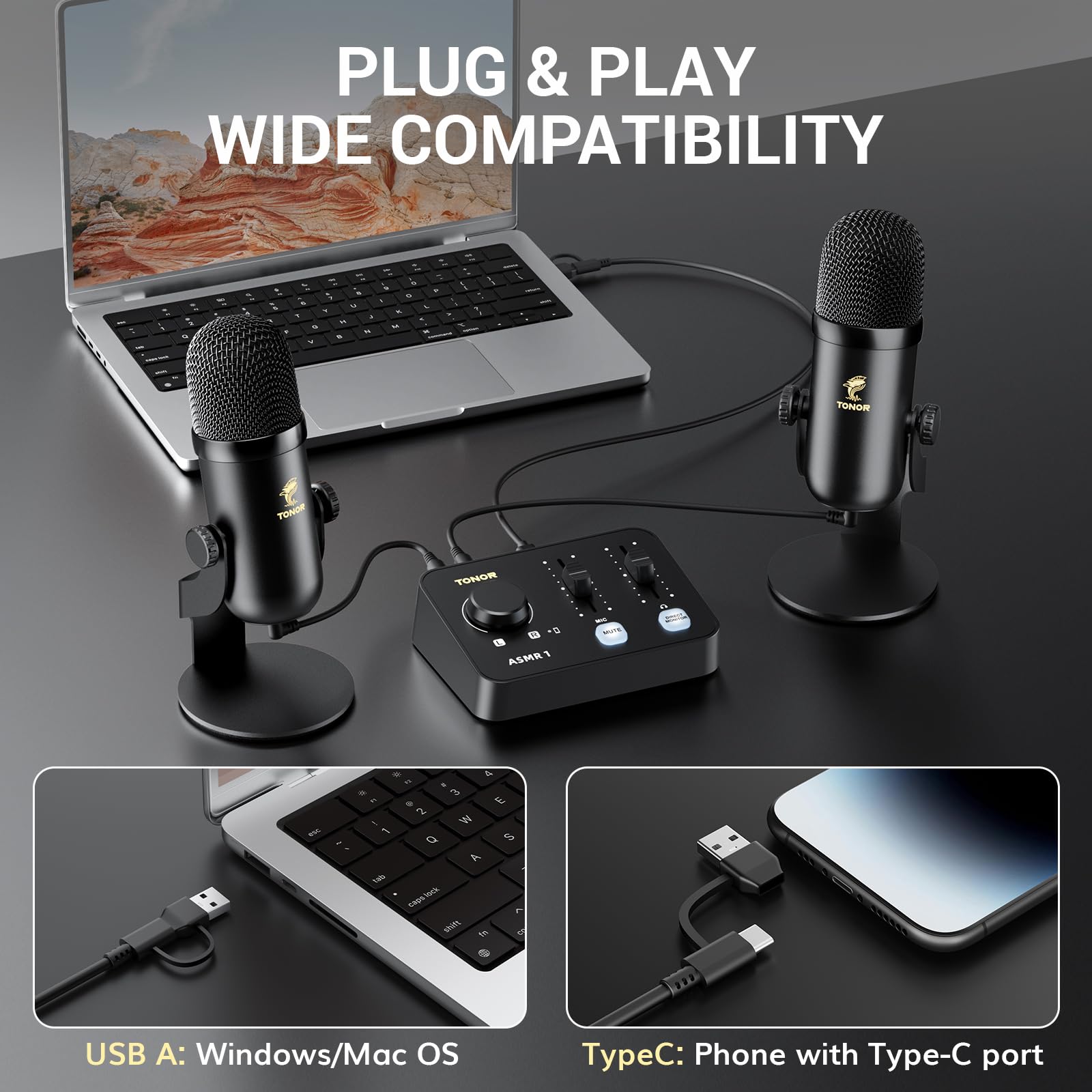 TONOR Audio Interface für ASMR Aufnahmen, 2-Kanal XLR Audio Mixer mit RGB Soundkarte