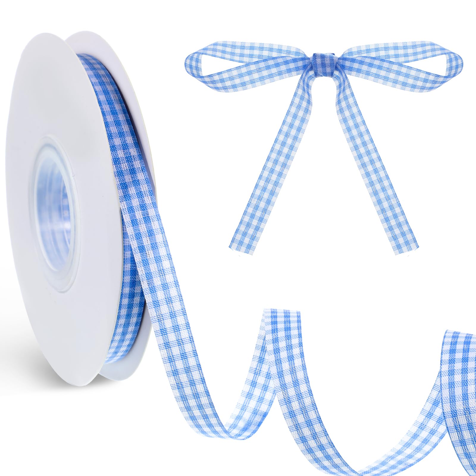 Photo 1 of 1 Rolls Buffalo Checker Ribbons, 3/8 Inch X 50 Yards Light Blue and White Gingham Ribbon, Woven Edge Check Ribbons, Polyester Woven Edge Ribbon for Sewing, DIY Craft, Gift Wrapping
