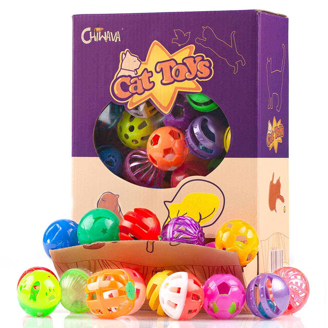 CHIWAVA 48PCS Cat Plastic Jingle Balls Cat Toy Ball with Bell Kitten Chase Pounce Play 8 Types Assorted Color