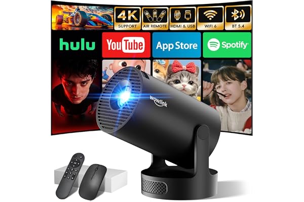 [Built-in Apps & 2026 Upgraded] Mini Projector with WiFi 6 and Bluetooth 5.4 Support 4K 1080P Auto Keystone 180° Rotatable Projector Portable Compatibile with HDMI/TV Stick/Memory Stick/Laptop, Black