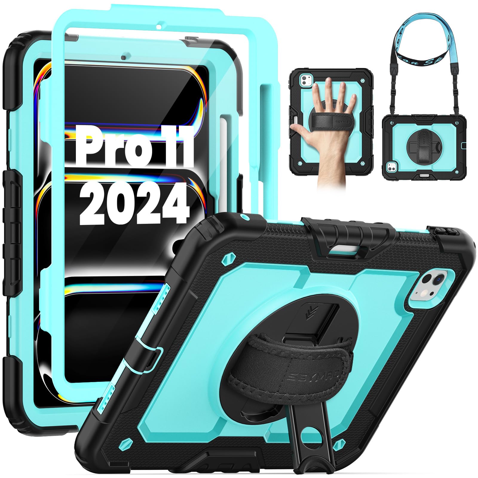 Photo 1 of SEYMAC for iPad Pro 11 Inch Case 2024 (M4), Heavy Duty Shockproof Protective Case with Screen Protector, 360° Rotating Stand, Hand/Shoulder Strap and Pen Holder for iPad Pro 11 2024, Light Blue
