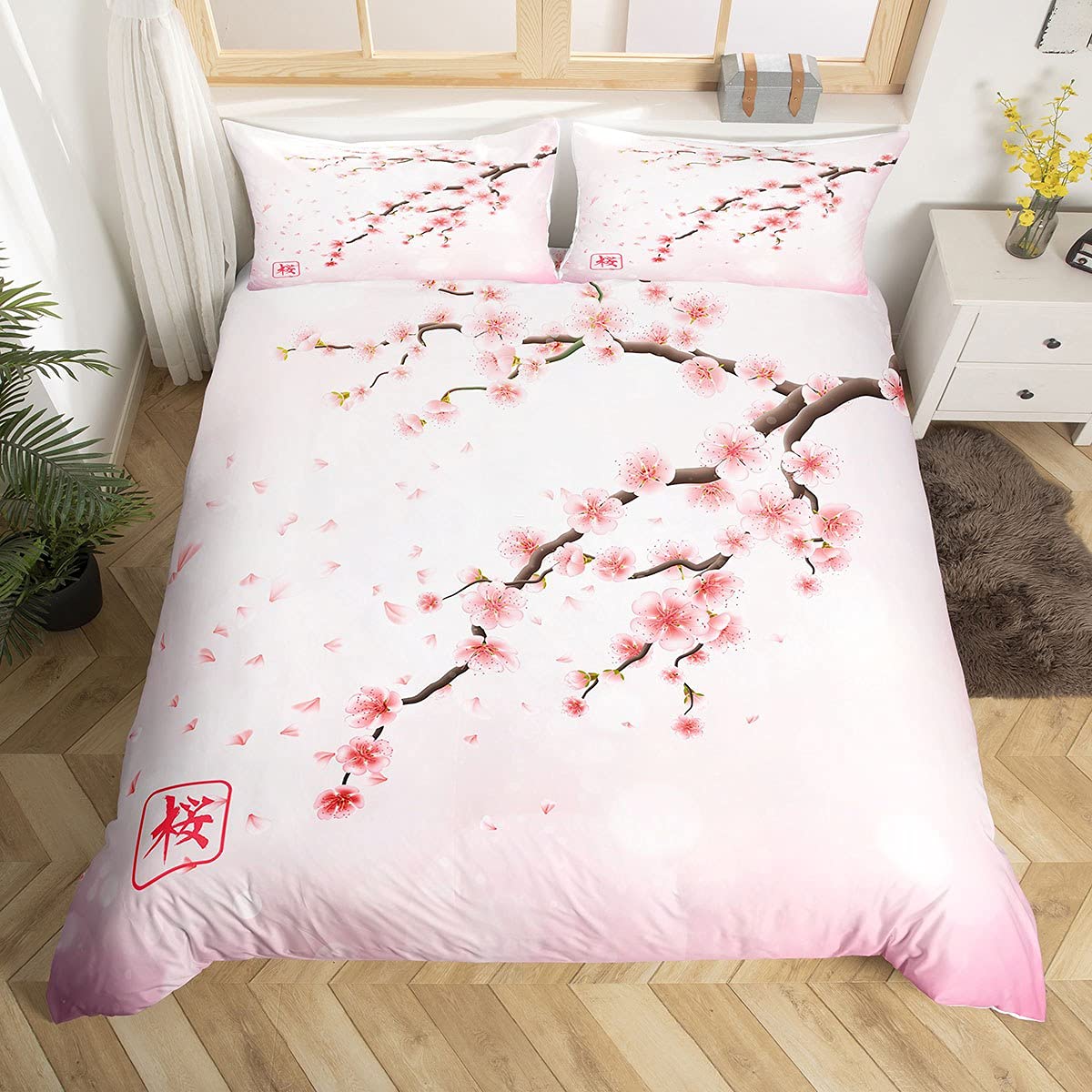 Cherry Blossoms Bedding Set Japanese Style Romantic Theme Pink Comforter Cover Set Botanical Floral Printed Duvet Cover with Zipper Ties Women Girls boys Couple Teen Soft Bedspread, King Size — image 1