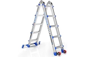 Wolec Telescoping A-Frame Ladder- 17FT Folding Extension Ladder with Wheels & Stabilizer Bar, 330lb Security Load Multi Position Ladders for Stairs Home Indoor Outdoor Roof