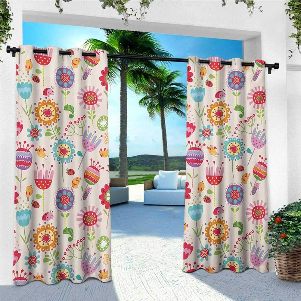 leinuoyi Floral, Outdoor Curtain Panels Set of 2, Cartoon Drawing Style Ladybug Strawberry Bird Caterpillar Vibrant Colored Characters, for Patio W96 x L96 Inch Multicolor