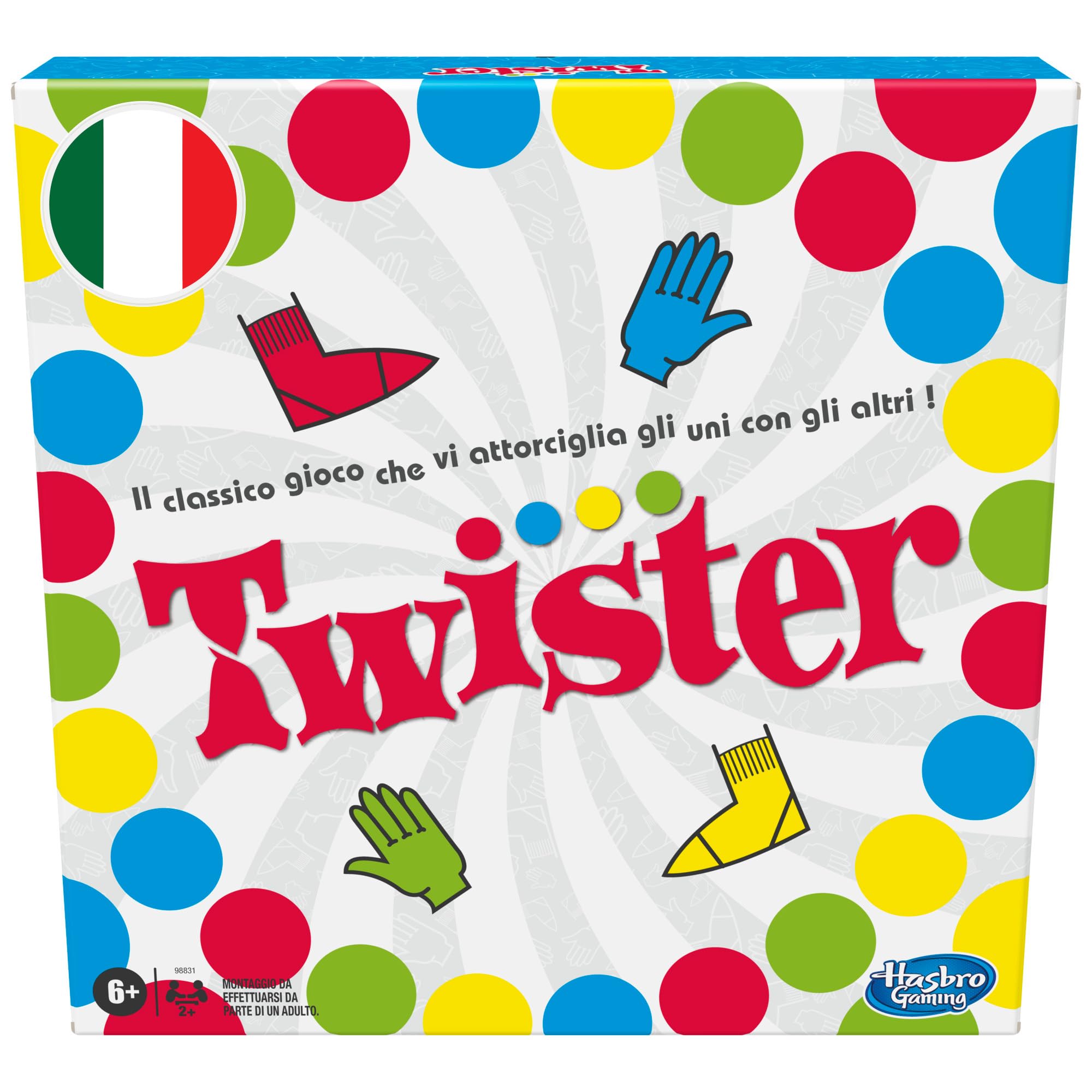 Hasbro Gaming Twister Game in Box, Includes 1 Twister Mat, 1 Wheel and Instructions, Italian Version 2020, Multicoloured