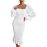 PRETTYGARDEN Women's Long Puff Sleeve Floral Midi Bodycon Dresses Square Neck Ruffle Mermaid Smocked Dress