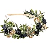 KorViSHOW Black Flower Crown Headband, Fairy Dark Floral Headpiece with Gold Leaf, Woodland Elf Gothic Flower Headband for Women Girls Renaissance Renfaire Fantasy Cosplay Party Hair Accessories