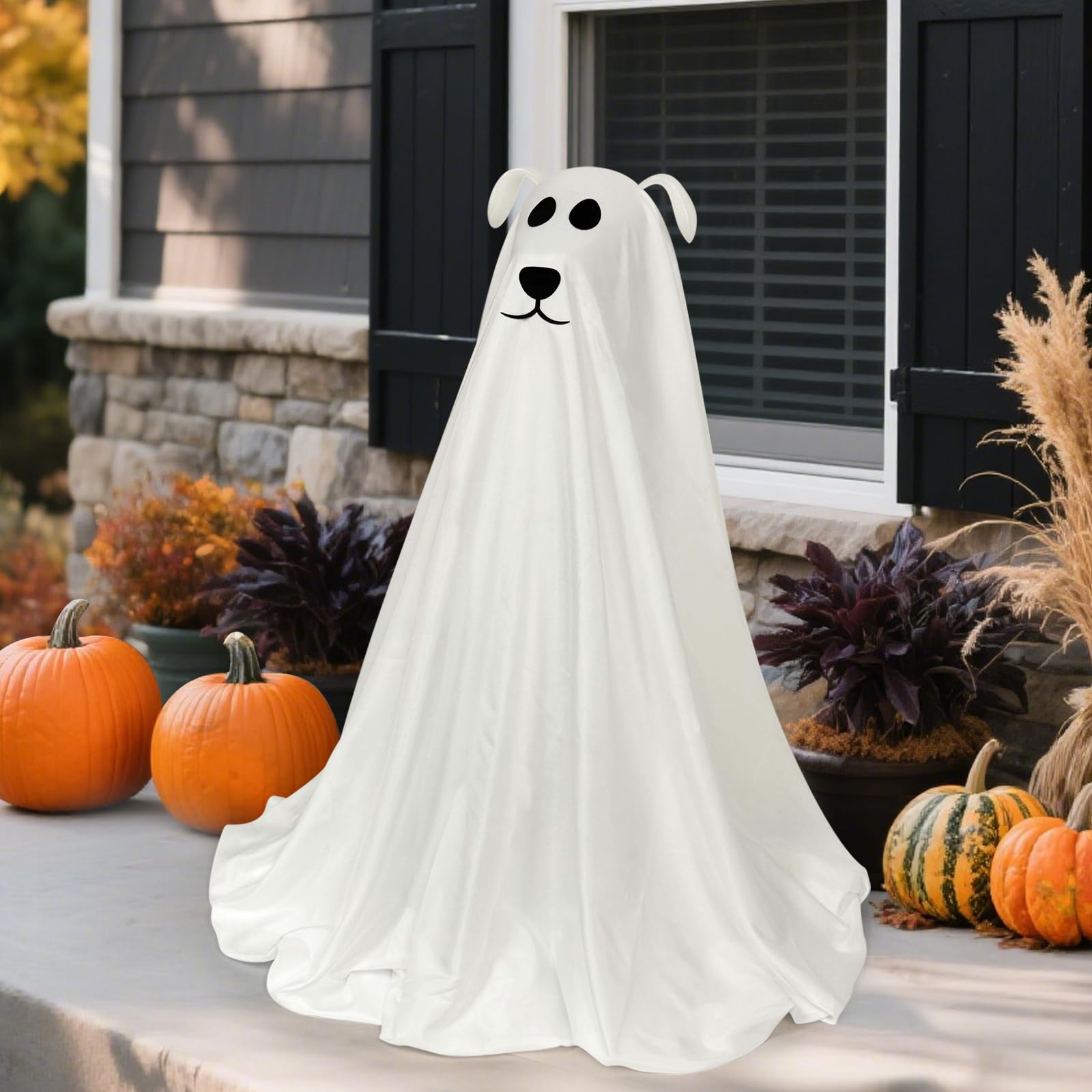 Photo 1 of DAZONGE Halloween Decorations, Light-Up Freestanding Spooky Ghost Dog with Remote String Lights Battery Operated, Halloween Ghost Dog for Front Door Porch Yard Lawn Home Party