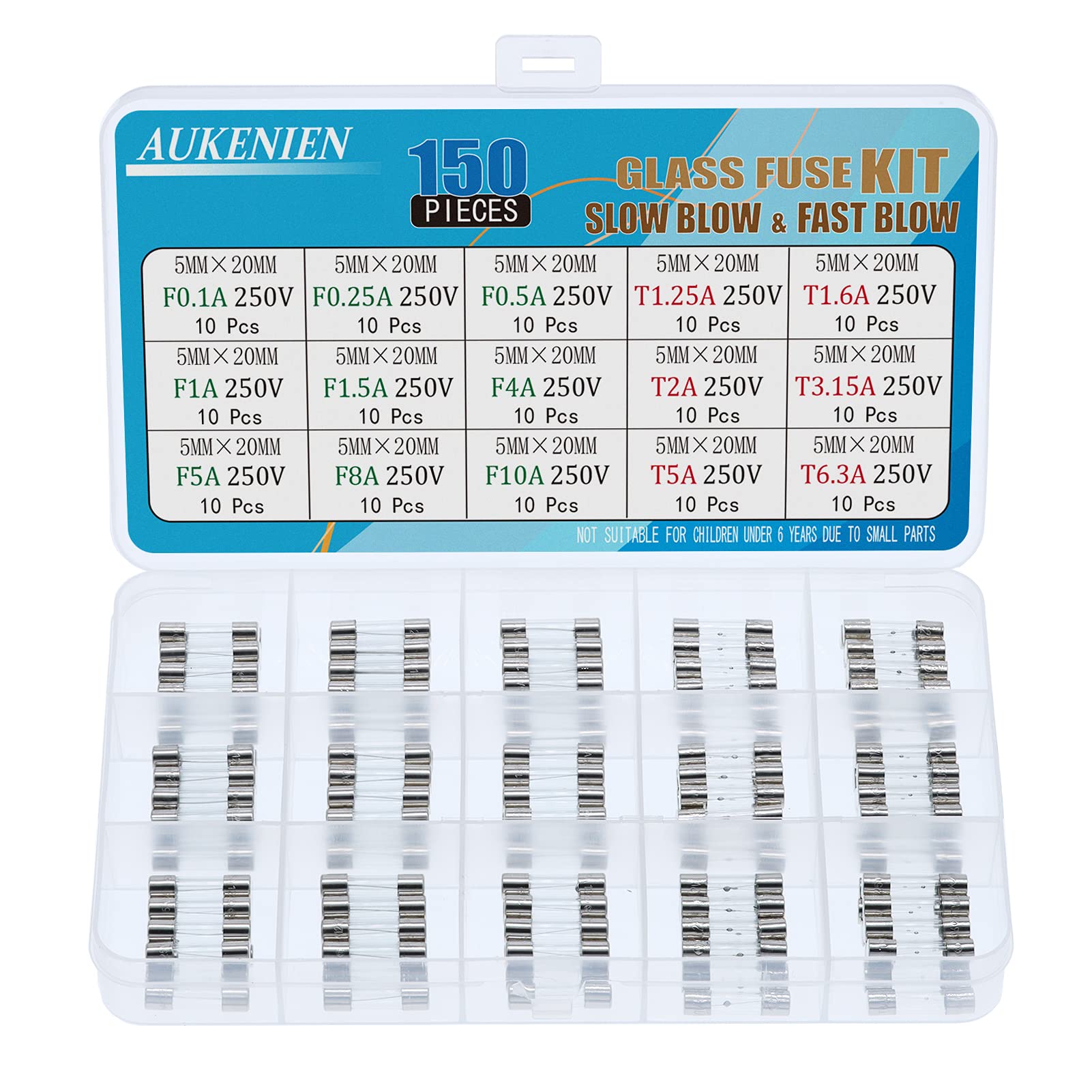 AUKENIEN 5X20MM Mixed Glass Fuses Assortment Assorted Kit 9 Values Quick Fast Blow Fuse F 0.1A 0.25A 0.5A 1A 1.5A 4A 5A 8A 10A 6 Values Slow Blow Time Delay Fuses T 1.25A 1.6A 2A 3.15A 5A 6.3A 250V