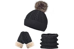FENELY Kids Winter Hat Scarf Gloves Set - Thermal Fleece Lined Beanie with Pompoms, Soft Mittens & Neck Warmer for Boys Girls 1-12