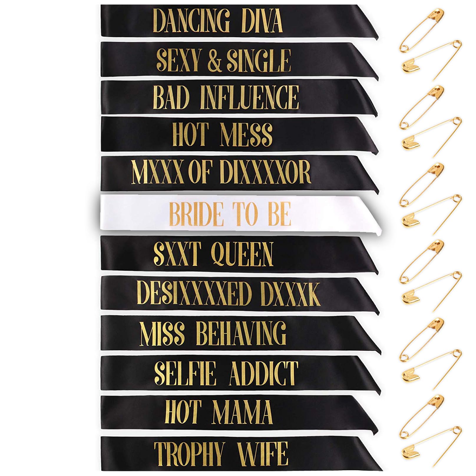 STAY GENT 12 Pieces Bride to Be Sashes Set 11 Pieces Black with 1 Piece White Sashs Gold Text for Hen Night Party Wedding Ladies Night Out — image 1