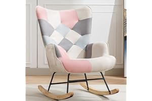FurniTribe Nursery Rocking Chairs, Upholstered Glider Rocker Chair with High Backrest, Cotton Linen Fabric Nursing Rocking Chair for Mom and Baby (Pink)