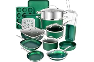 Granitestone Green Pots and Pans Set, 20 Pc Non Stick Cookware Set, Long Lasting Nonstick Kitchen Set with Pan Set Pot Set Ba