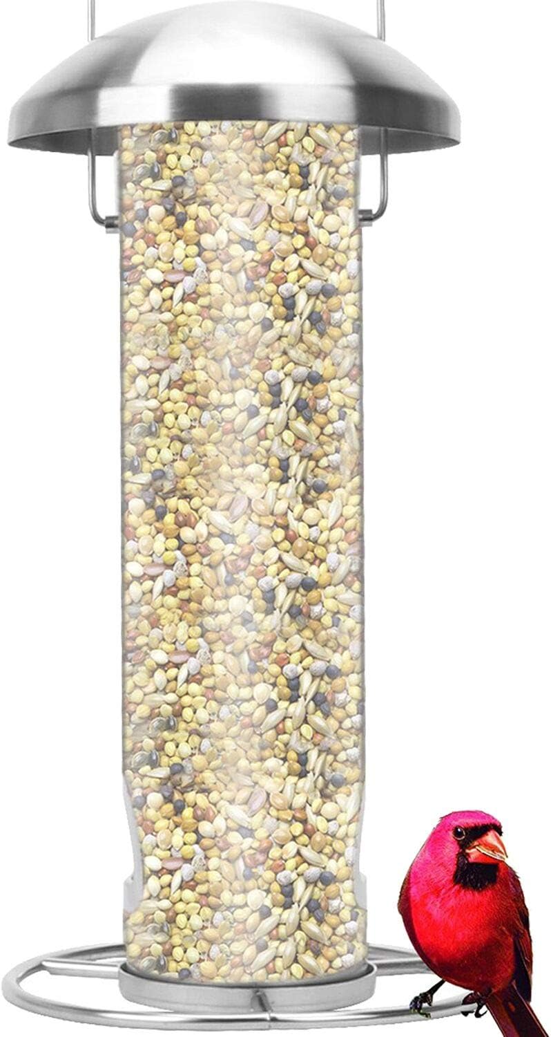 Wild Bird Feeder, VUV Standard Panorama Tube Feeder with 2 Metal Cardinal Ring 5.5"x5.5"x22" (w/hanger) 2 lbs Seed Capacity (Clear Glass)