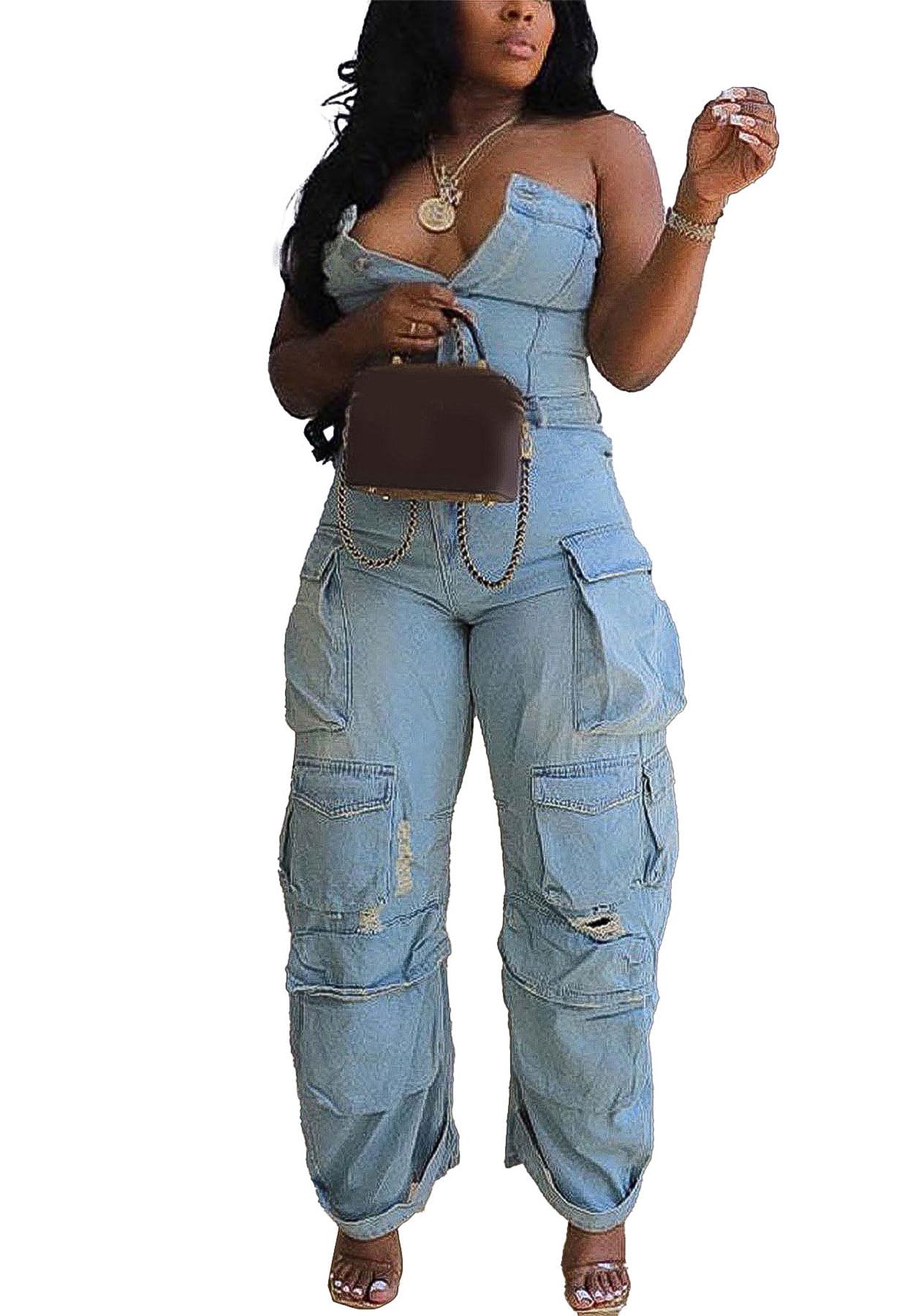 Photo 1 of LKOUS Casual Cargo Denim Jumpsuit for Women, Elastic Stretch Multi Pockets Button Down Straight Leg Jeans Jumpsuits