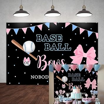 Amazon Com 5 3ft Baseball Or Bows Gender Reveal Backdrop Boy Or Girl He Or She Blue Or Pink Surprise Party Banner Decorations Blue Pink Dots Flags Baby Shower Photography Background Portrait Photo Booth