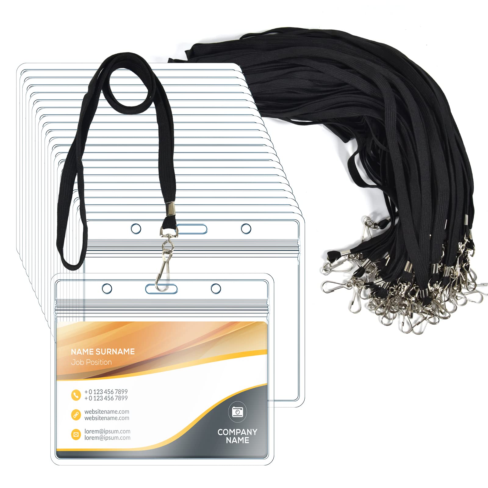50 Pack Clear Plastic Horizontal Name Tags Badge ID Card Holders and 50 Pack Flat Neck Lanyards with Swivel Hook, Black — image 1