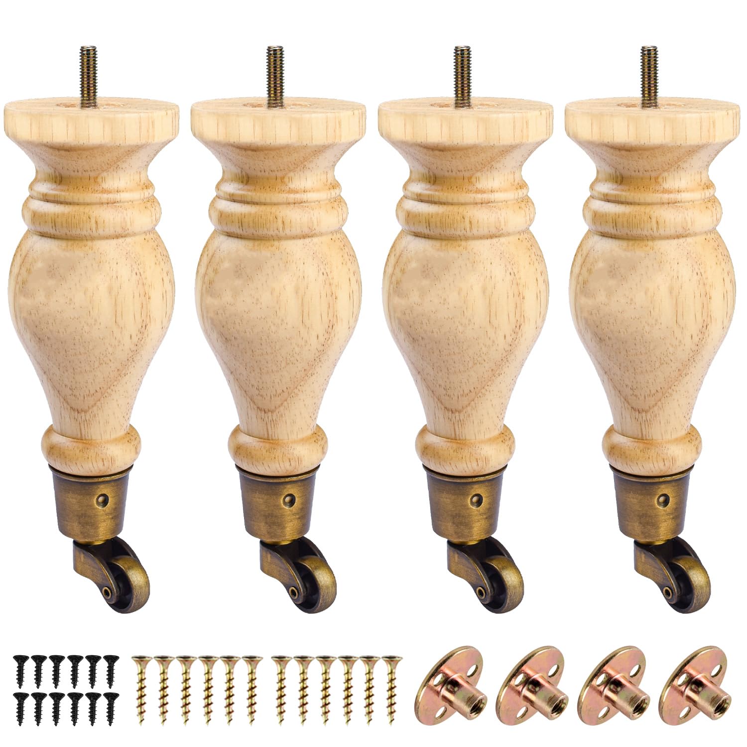 8.8 Inch /22cm Furniture Legs with Castors, 4Pcs Vranish Solid Wood Feet Round Gourd Wooden Turned Replacement Feet with Threaded M8 Hanger Bolts & Mounting Plate & Screws For Chair,Recliner,Ottoman,