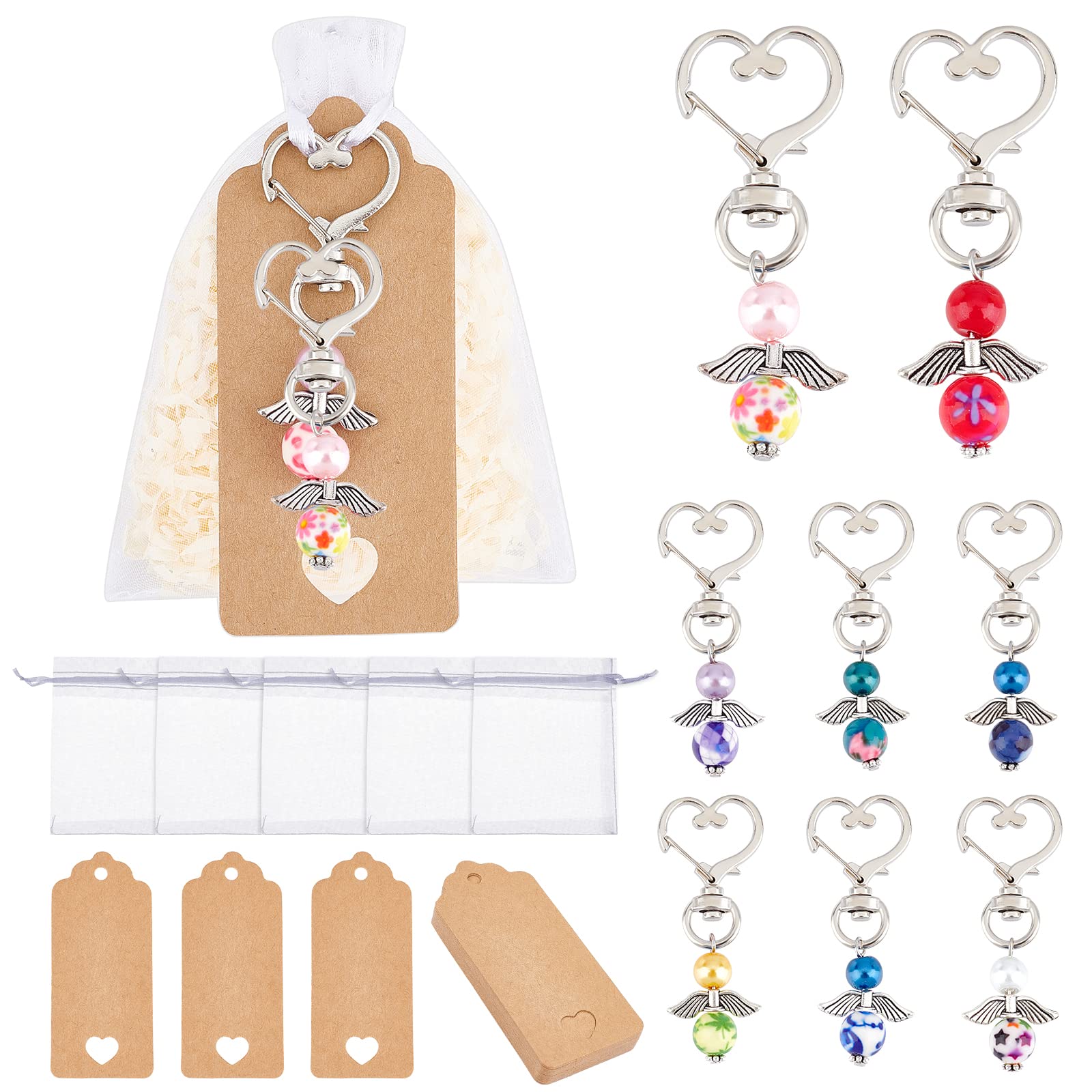 NBEADS 20 Pcs Guardian Angel Keychain, Colorful Angel Pearl Beads Pendant Keychain with 20 Pcs White Organza Gift Bags and 20 Pcs Blank Kraft Tags for Guests Wedding Bridal Decorations Favors Gifts