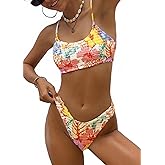 Fanuerg Women's Shirred Bikini Sets Scoop Neck Cheeky Two Piece Swimsuit Floral Print Bathing Suit