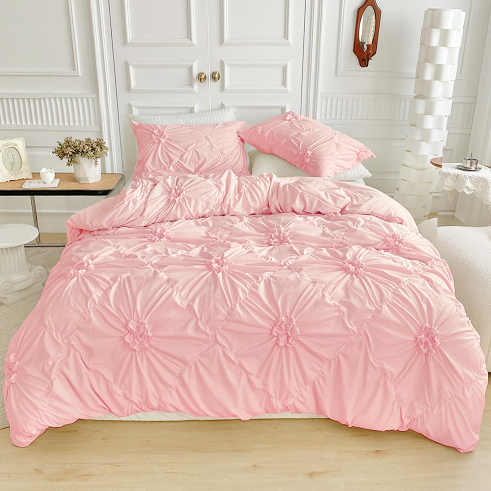 Photo 1 of  2 pieces  (1 pillow cases and duvet) Size Twin Rvciby Pink Flower Duvet Cover Twin Size,2PCS Soft Microfiber Bedding Set,Boho Textured Geometric Pattern Duvet Cover with Corner Ties & Zipper Closure (66"x90"-1 Duvet Cover,1 Pillow Cases)