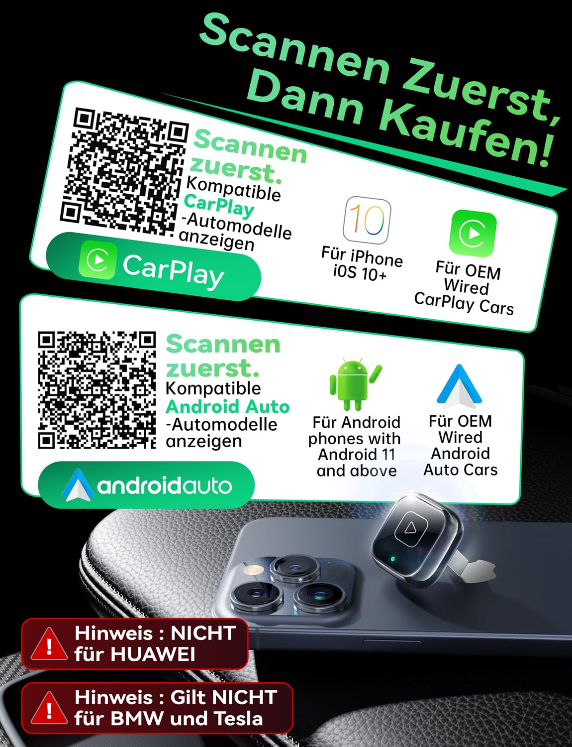 Wireless Carplay & Android Auto Adapter, Mavlou Metalldesign Mini & Stabiler 2-in-1-Dongle, Convert Wired CarPlay/Android Auto zu Wireless, für iOS 10+/Android 11+ & Autos ab 2016 8