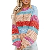 Saodimallsu Womens Color Block Sweater Striped Chunky Knit Cropped Sweaters Crewneck Fall Long Sleeve Loose Pullover Tops