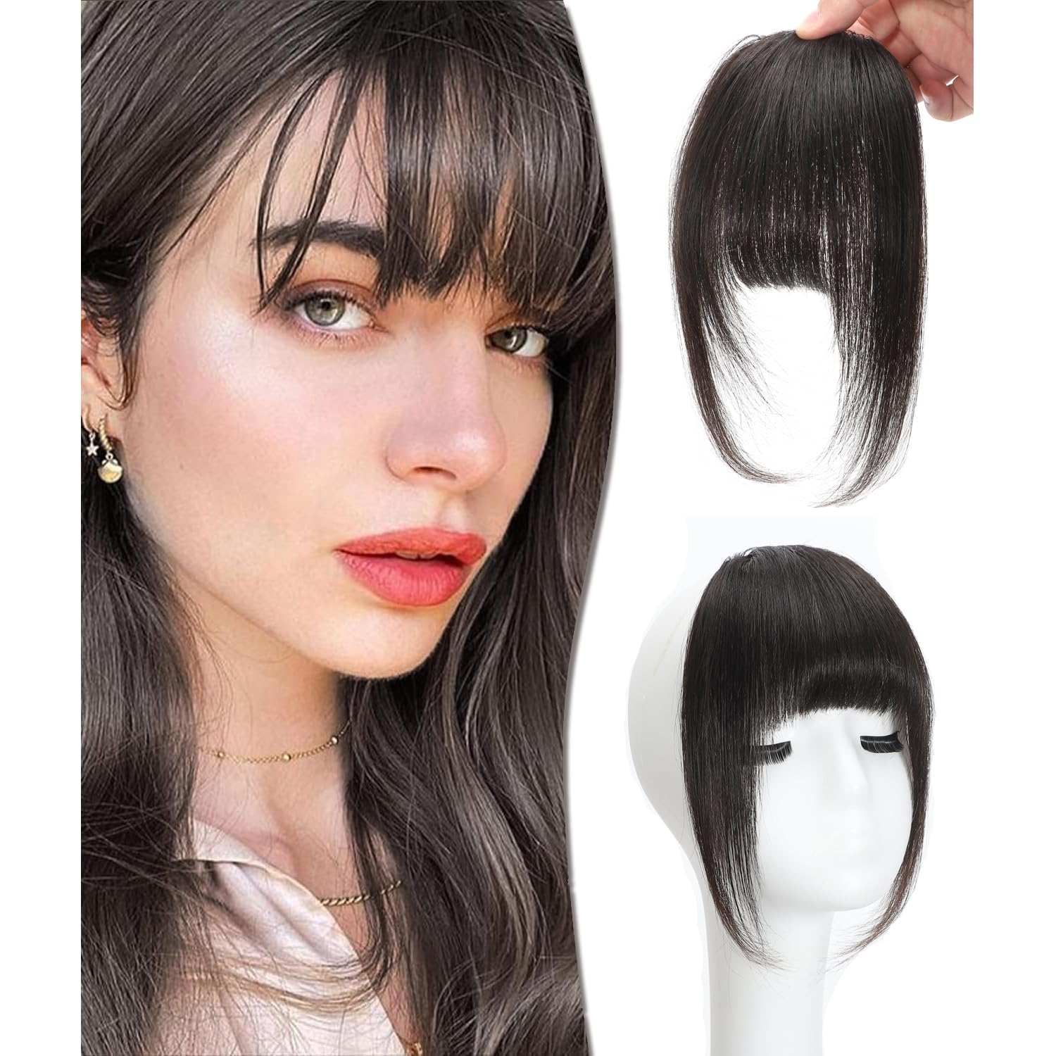 Clip in Fringe - Bangs Hair Clip in Bangs 100% Real Human Hair Extensions clip on air bangs for Women Fringe with Temples Hairpieces Curved Bangs (Brown Black, French Bangs) — image 1