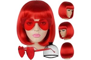 JoneTing Red Bob Wig【+Hair Cap+ Sunglasses】 Straight Red Bob Wig with Flat Bangs Short Straight Reddish Wig Short Reddish Cosplay Wigs for Halloween Christmas Party Costume Outfit