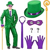 JcHrmers 6 Pcs Question Mark Costume Accessories Felt Green Derby Hat Gold Question Mark Cane Purple Eye Mask Gloves Necktie for Adult Men Women Halloween Party Cosplay