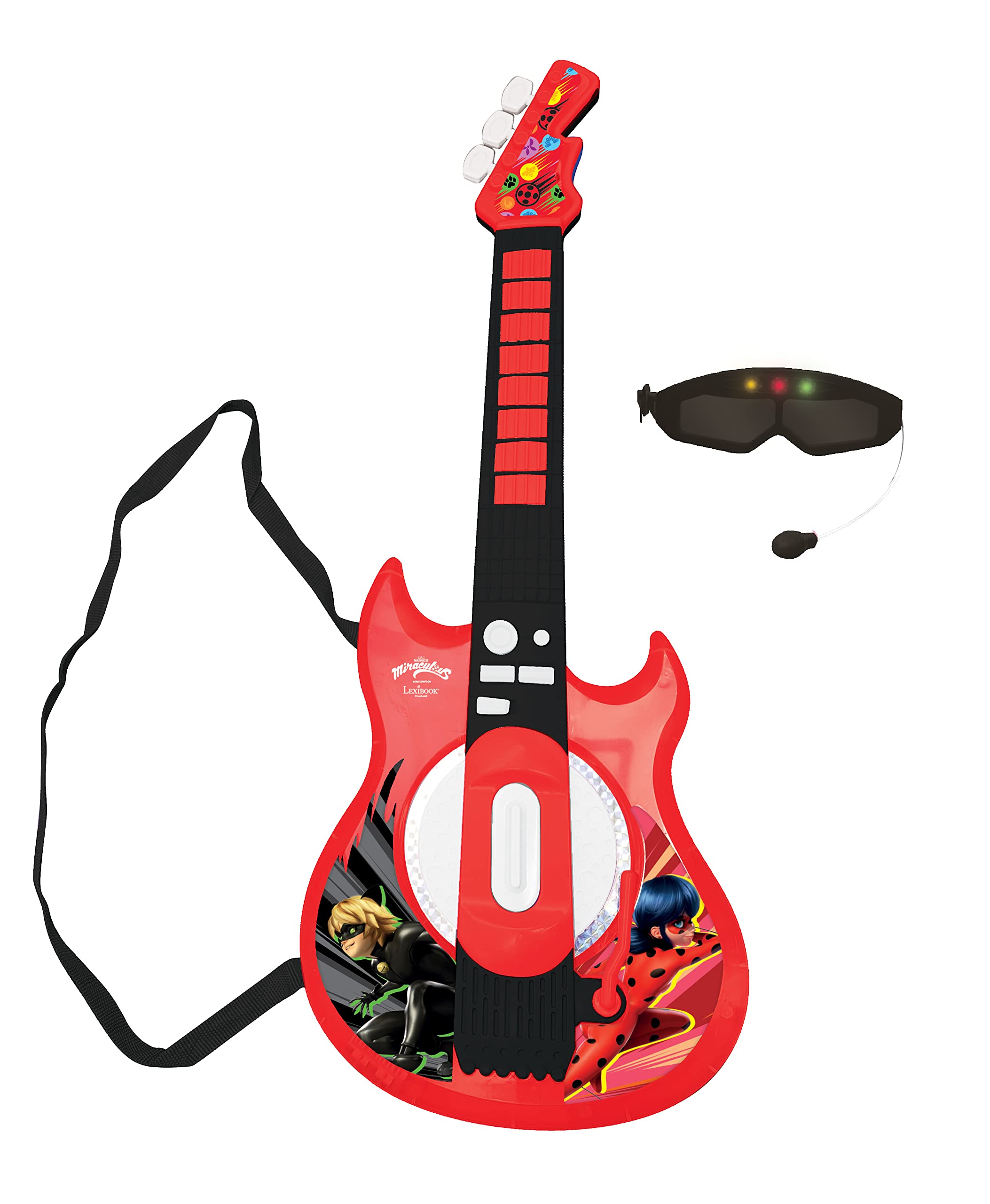 Lexibook, Miraculous Ladybug Cat Noir, Light-Up Electronic Guitar with microphone, glasses with microphone, melodies, 2 game modes, MP3 input, black/red, K260MI