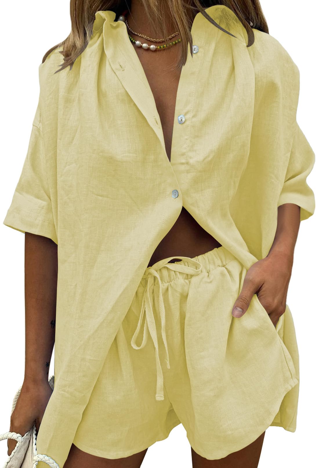 Photo 1 of *** PARTIAL SET *** Fixmatti Linen Two Piece Set Women Shorts Pant Set Half Sleeve Buttons Blouse Sweatsuits Outfits Buds Yellow Large 