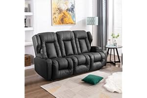 IPKIG 76.7" RV 3-Seater Recliner | Double Recliner RV Sofa with Flipped Middle Backrest | Faux Leather Reclining RV | RV Theater Seats |RV Theater Seating | RV Furniture, Manual Recliner Chair (Black)