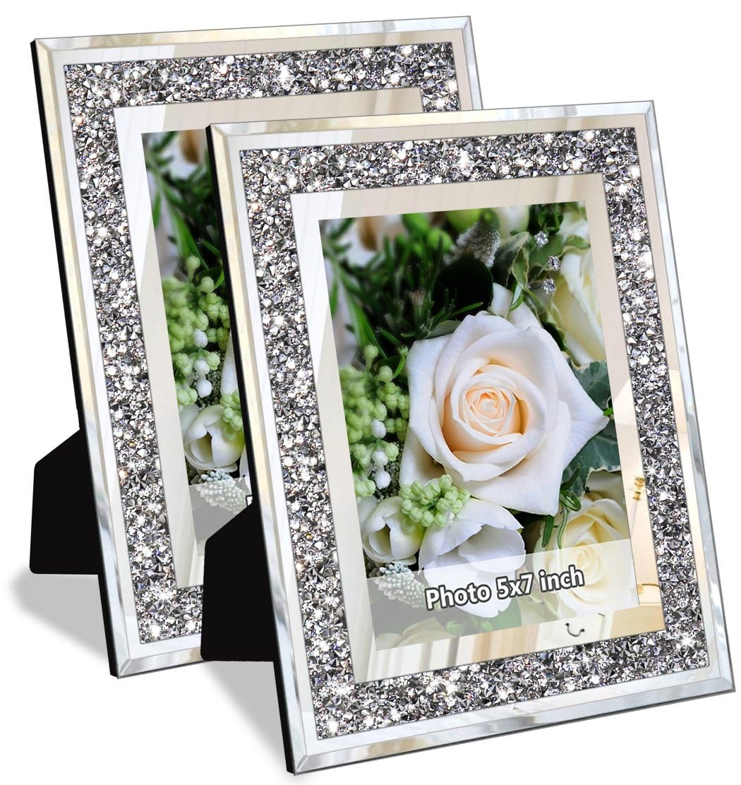 MY Crush Diamond Mirror Photo Frame In Bling Sparkle Crystal Silver Glass Finish, For Picture Size 5x7 inch, Pack of 2 Piece, table top Stand frame & Wall Frame.