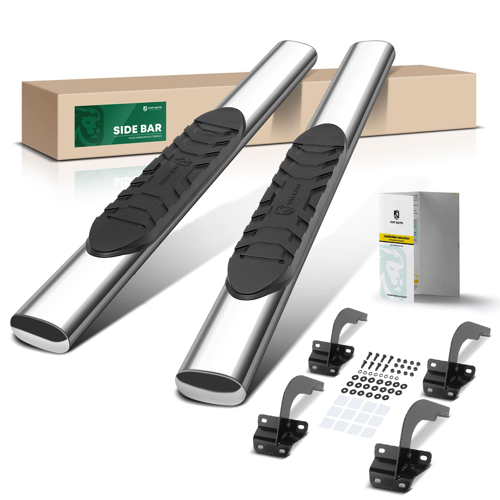 Photo 1 of YHTAUTO 5 Inch Running Boards Side Steps Compatible with Ford F-150 15-24, F-250/F-350 Super Duty 17-24, Standard/Regular Cab, Oval Straight Stainless Steel Polished Chrome, Truck Cab Side Step Rails